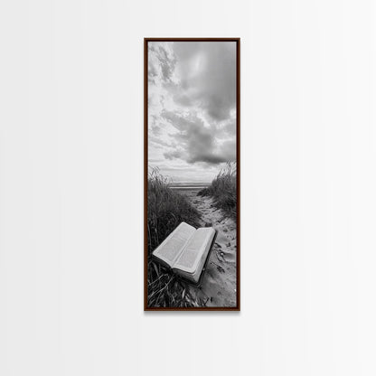 Bible on Beach, Spiritual Escape, Coastal Tranquility, Nature Meditation, Canvas Print, Faith Wall Art, Office Decor, Minimalist Art