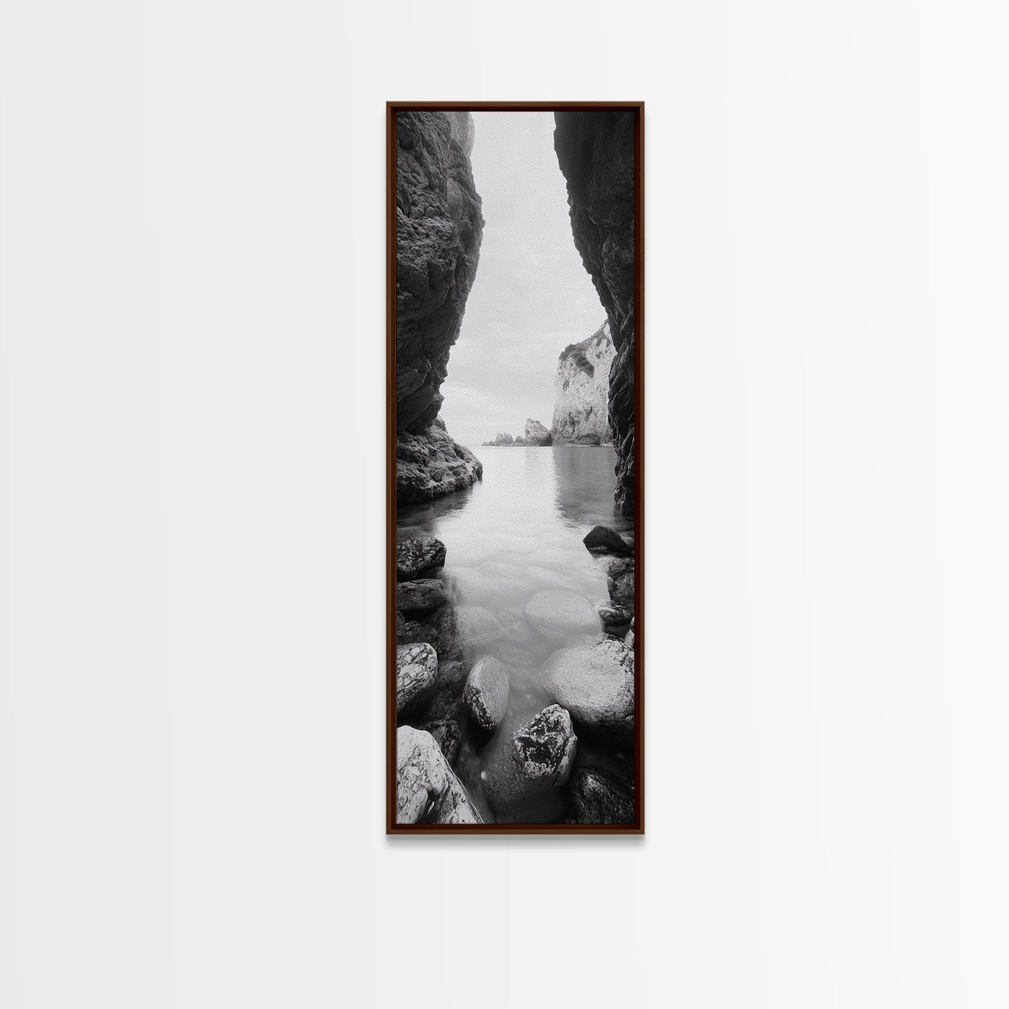 Cliff View, Hidden Bay, Ocean Serenity, Rock Formations, Canvas Print, Black and White Coastal Landscape, Entryway Art, Dining Wall Art