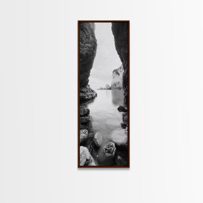 Cliff View, Hidden Bay, Ocean Serenity, Rock Formations, Canvas Print, Black and White Coastal Landscape, Entryway Art, Dining Wall Art