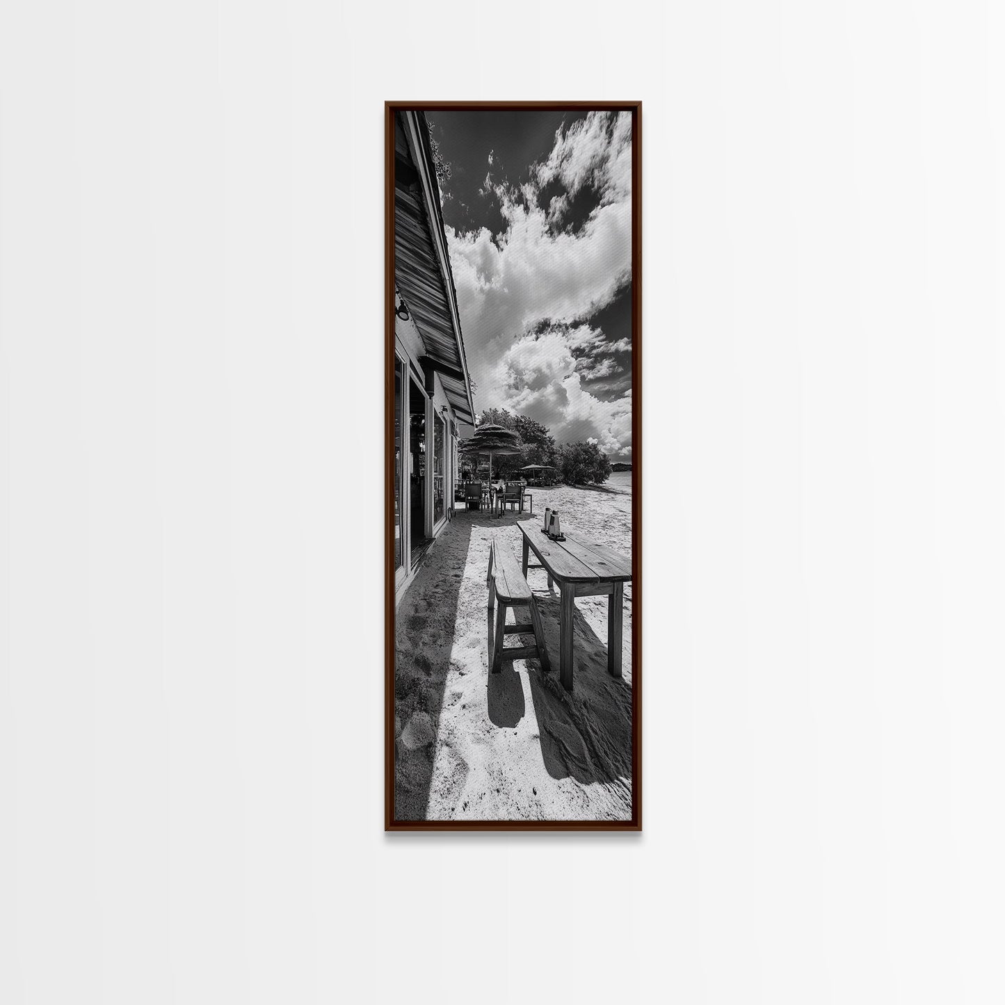 Beach Café Table, Seaside Dining, Rustic Seating, Tropical Getaway, Framed Canvas Print, Kitchen Wall Art, Coastal Rustic Aesthetic