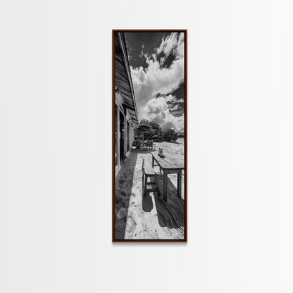 Beach Café Table, Seaside Dining, Rustic Seating, Tropical Getaway, Framed Canvas Print, Kitchen Wall Art, Coastal Rustic Aesthetic