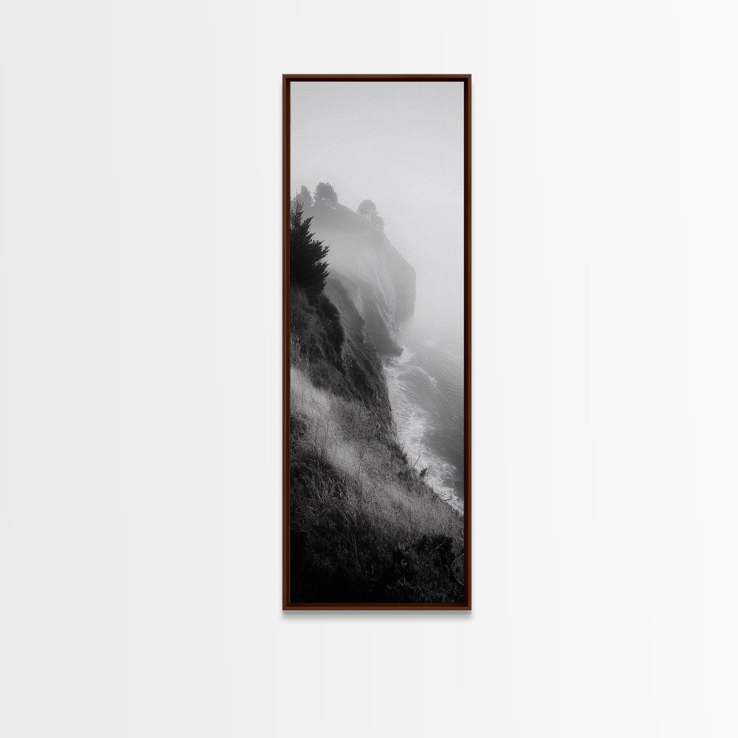 Cliffside Fog, Coastal Mist, Ocean Overlook, Framed Canvas Print, Living Room Wall Art, Monochrome Decor, Moody Landscape, Minimalist Home