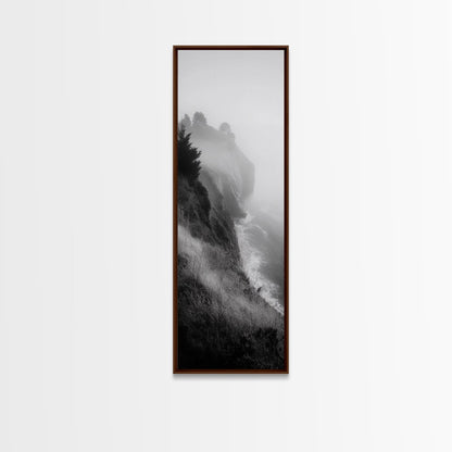 Cliffside Fog, Coastal Mist, Ocean Overlook, Framed Canvas Print, Living Room Wall Art, Monochrome Decor, Moody Landscape, Minimalist Home
