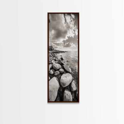 Sunrise Shore, Tranquil Coast, Pebble Beach, Golden Glow, Framed Canvas Print Fall Wall Art, Landscape Living Room Decor, Minimalist Aesthetic