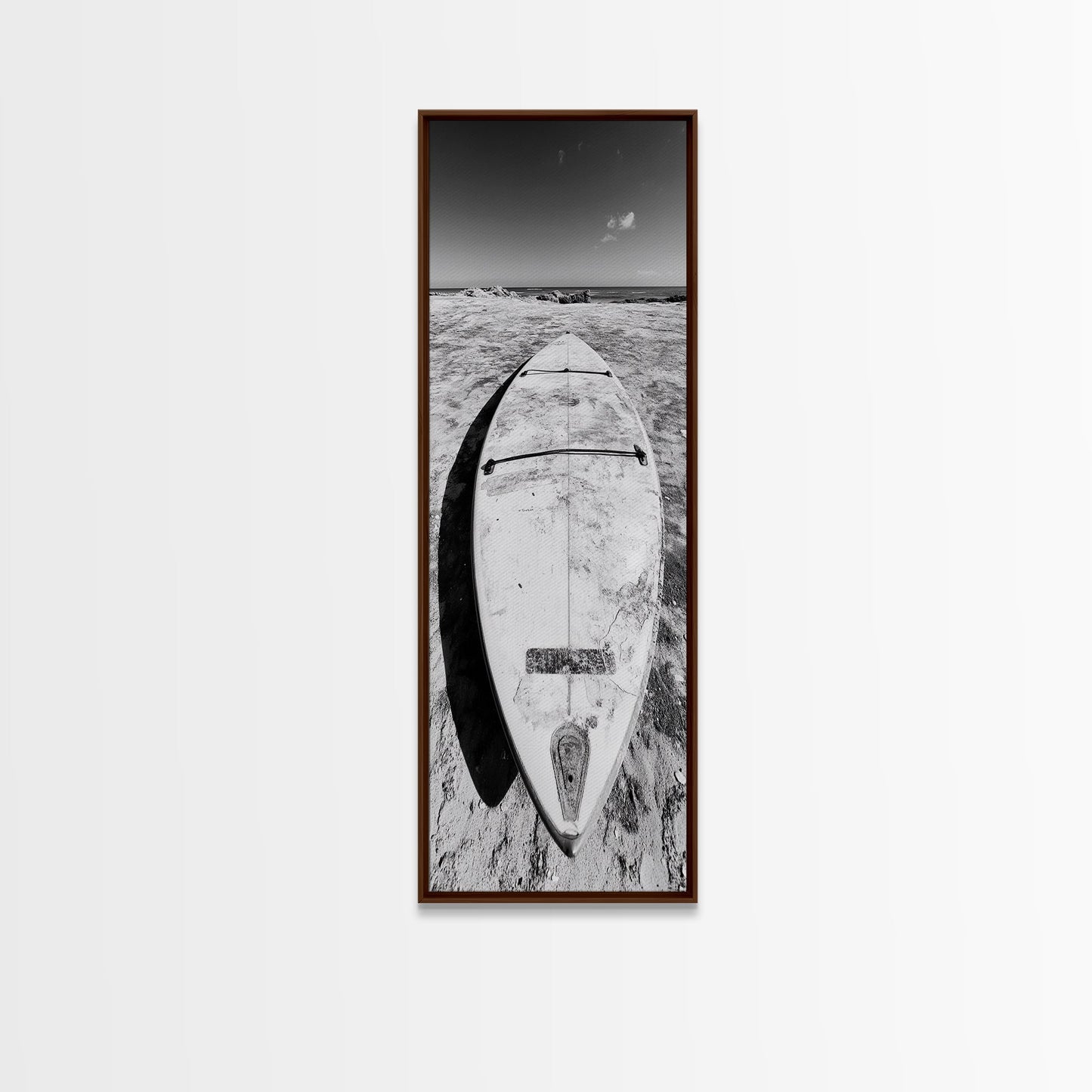 Surfboard On Shore, Beach Lifestyle Decor, Minimal Seascape, Framed Canvas Print, Nautical Bathroom Wall Art, Modern Coastal Vibe