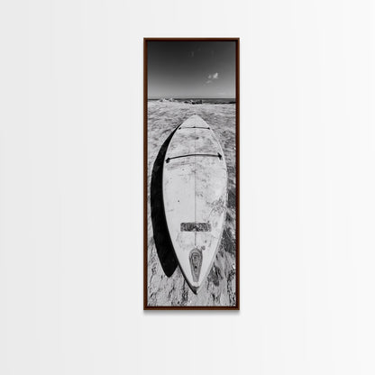 Surfboard On Shore, Beach Lifestyle Decor, Minimal Seascape, Framed Canvas Print, Nautical Bathroom Wall Art, Modern Coastal Vibe