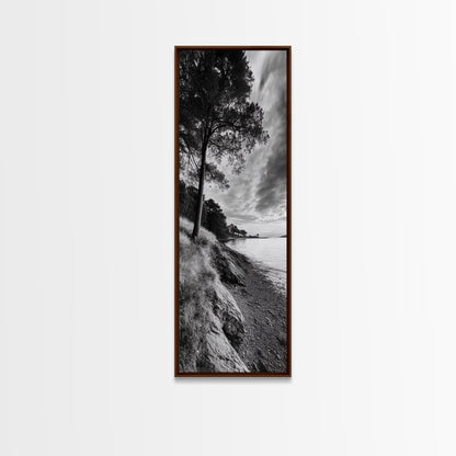 Coastal Tree, Ocean Horizon, Windswept Shore, Nature Calm, Moody Sky, Framed Canvas Print, Office Wall Art, Coastal Rustic Aesthetic