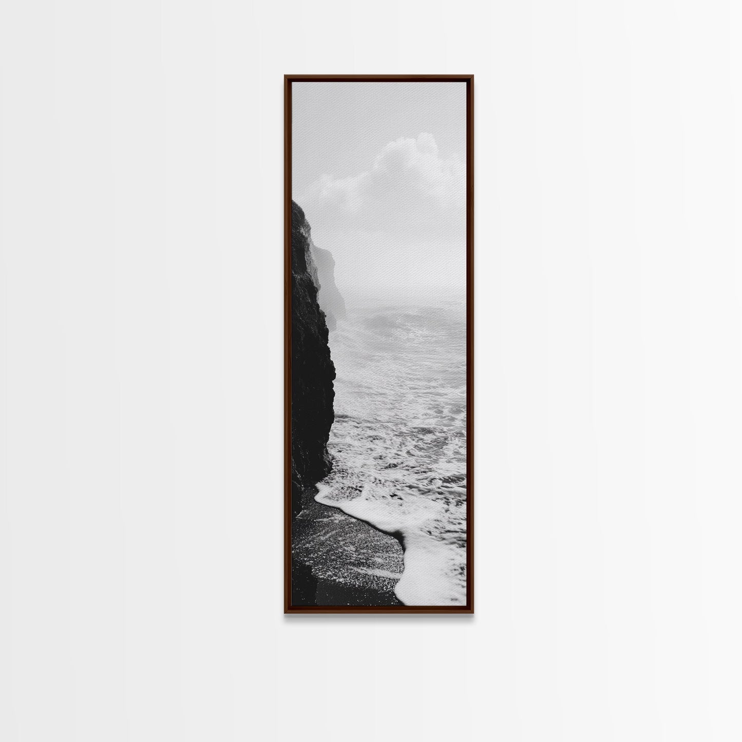 Coastal Cliff, Ocean Waves, Monochrome Seascape, Framed Canvas Print, Minimalist Ocean Art, Bathroom Decor, Nautical Wall Art