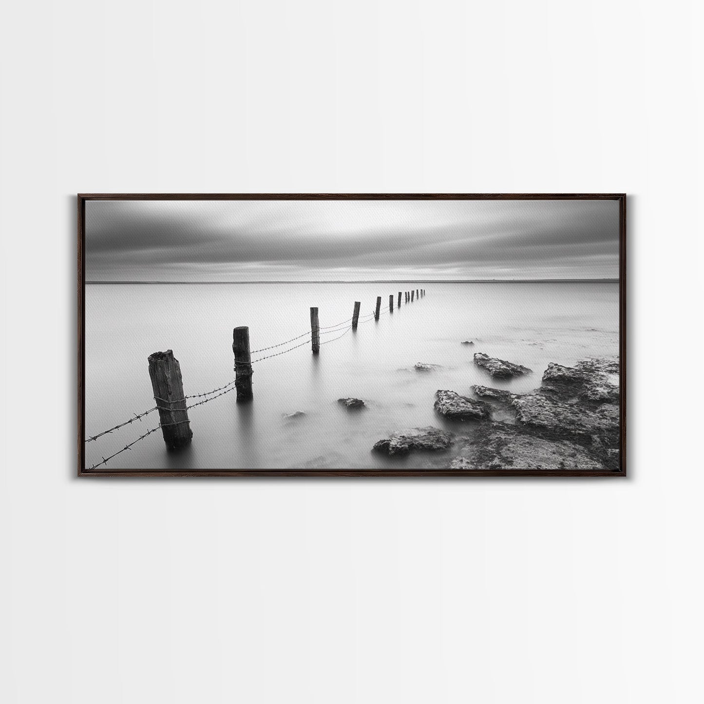 Coastal Fence Line, Tranquil Ocean Scene, Soft Minimalist Photo, Framed Canvas Print, Bathroom or Hallway Wall Art, Zen Vibes