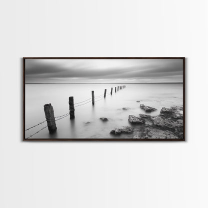 Coastal Fence Line, Tranquil Ocean Scene, Soft Minimalist Photo, Framed Canvas Print, Bathroom or Hallway Wall Art, Zen Vibes