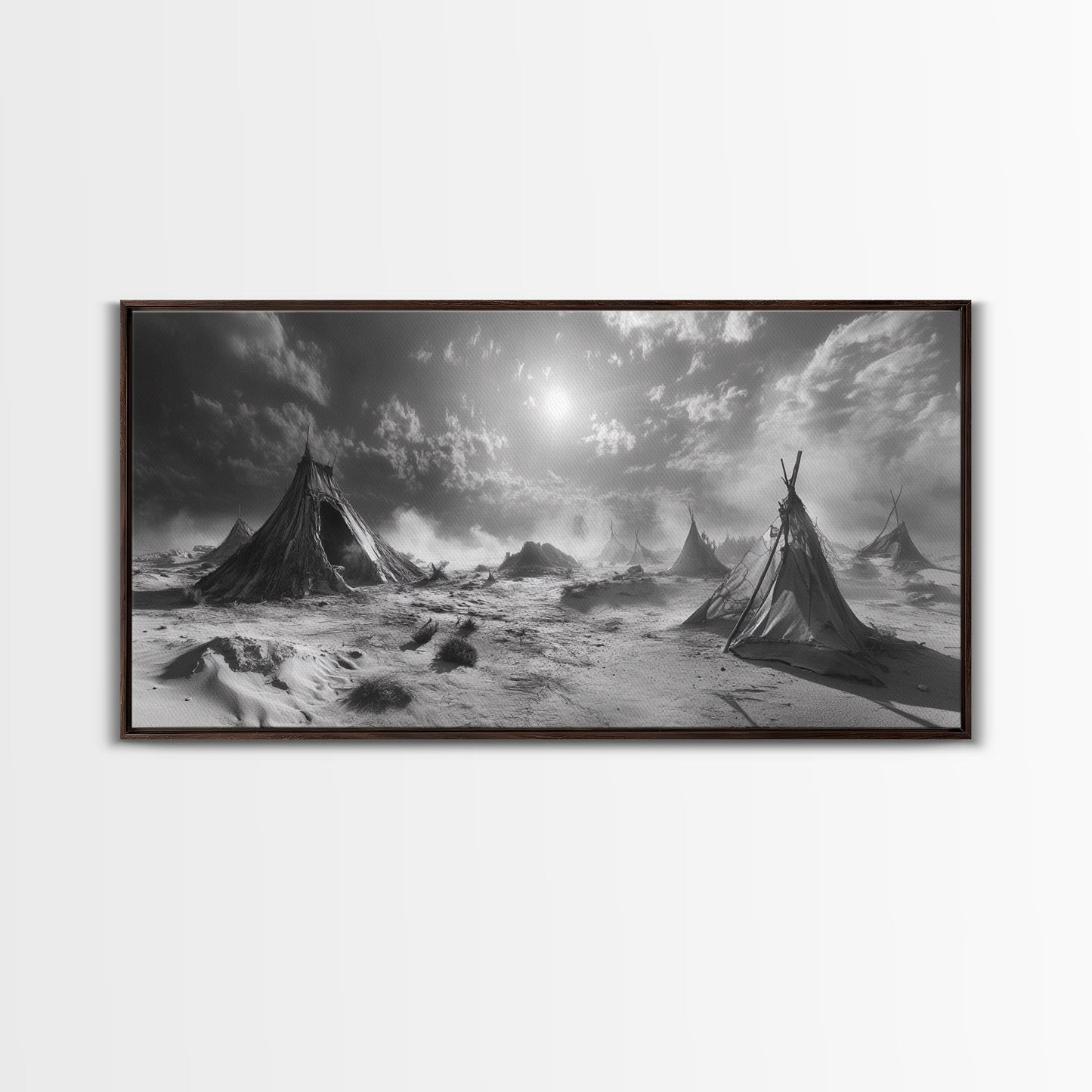 Wüstenzeltszene, surreale Stammeslandschaft, Zelte unter stürmischem Himmel, Leinwanddruck, Wandbild fürs Wohnzimmer, Boho-Nomaden-Ästhetik, Wandbild fürs Wohnzimmer