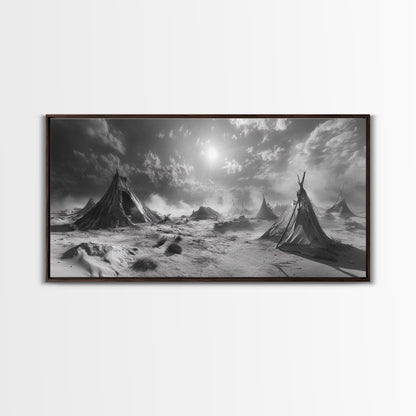 Wüstenzeltszene, surreale Stammeslandschaft, Zelte unter stürmischem Himmel, Leinwanddruck, Wandbild fürs Wohnzimmer, Boho-Nomaden-Ästhetik, Wandbild fürs Wohnzimmer