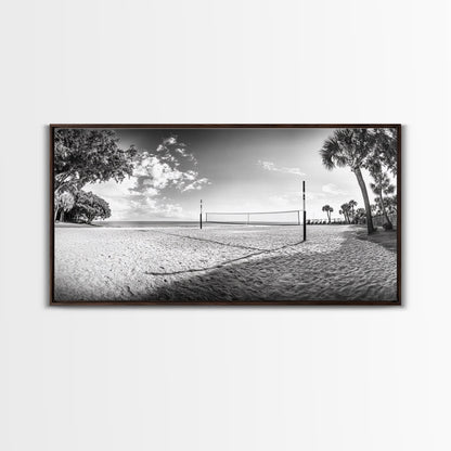 Volleyball Net, Coastal Leisure Scene, Bright Beach Vibe, Framed Canvas Print, Game Room Wall Art, Sporty Summer Beach Style