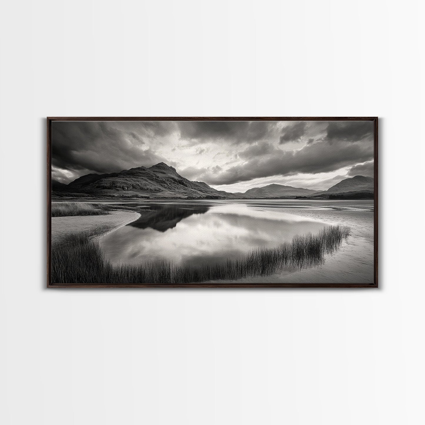 Reflected Mountains, Serene Shore, Cloudy Sky, Lake View, Canvas Print, Bedroom Wall Art, Minimalist Landscape Art, Tranquil Decor