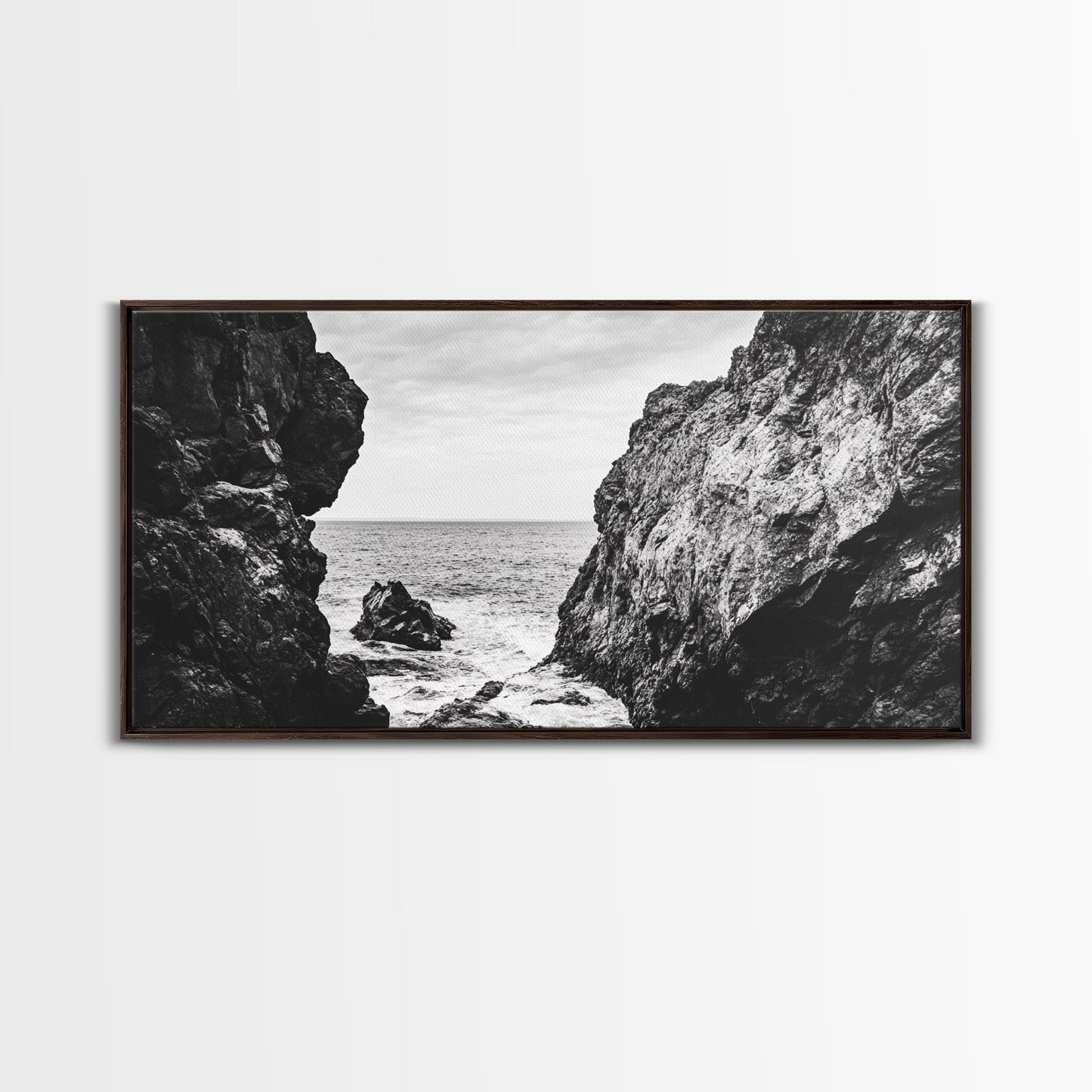 Rocky Coast View, Ocean Cliffs Art, Coastal Wilderness, Monochrome Seascape, Canvas Print, Bathroom Wall Art, Rustic Minimalist Style