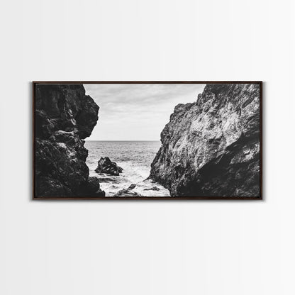 Rocky Coast View, Ocean Cliffs Art, Coastal Wilderness, Monochrome Seascape, Canvas Print, Bathroom Wall Art, Rustic Minimalist Style