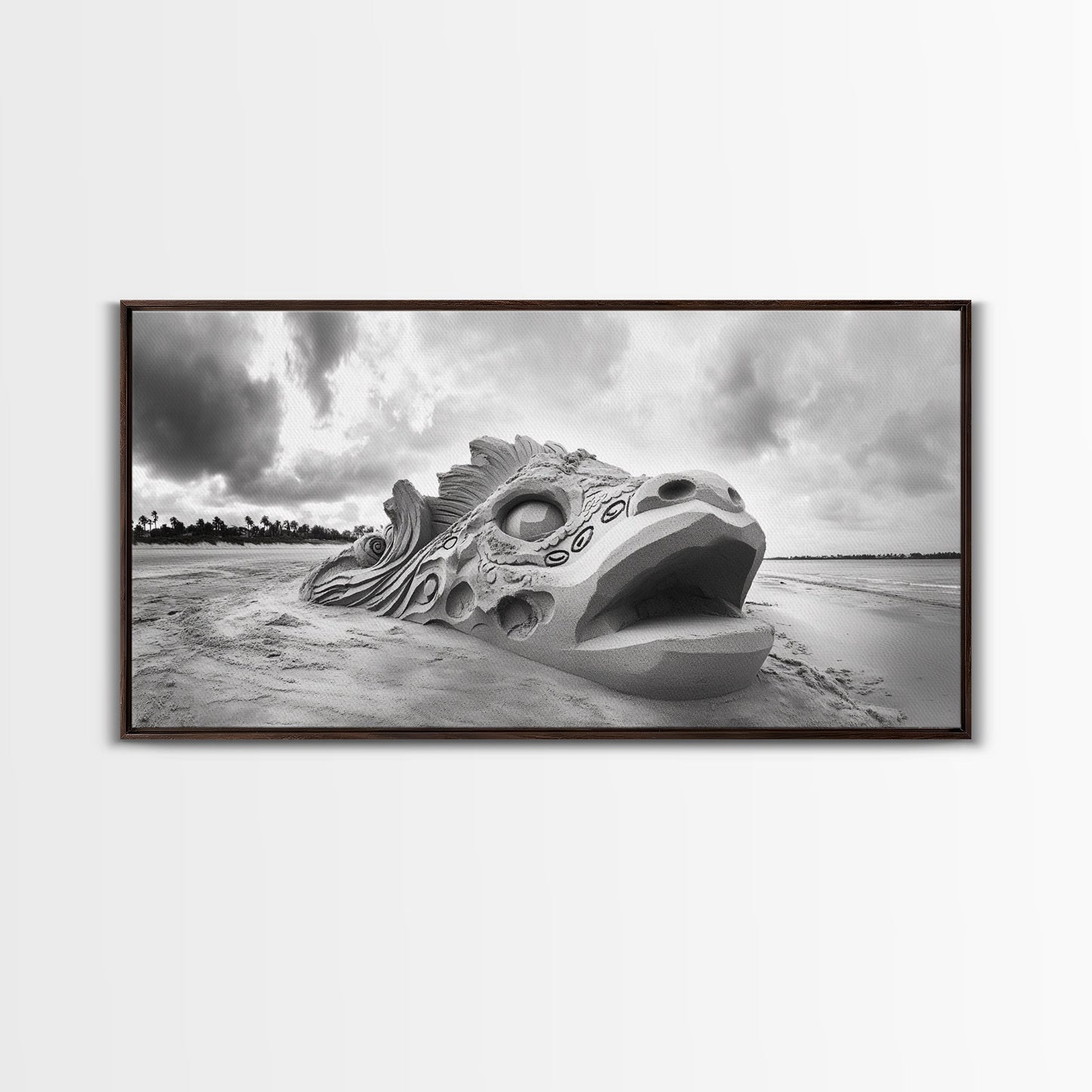 Dragon Head Sculpture, Beach Sand Art, Mythical Creature Decor, Fantasy Vibes, Framed Canvas Print, Game Room Wall Art, Office Wall Art