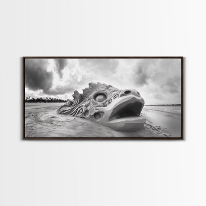 Dragon Head Sculpture, Beach Sand Art, Mythical Creature Decor, Fantasy Vibes, Framed Canvas Print, Game Room Wall Art, Office Wall Art
