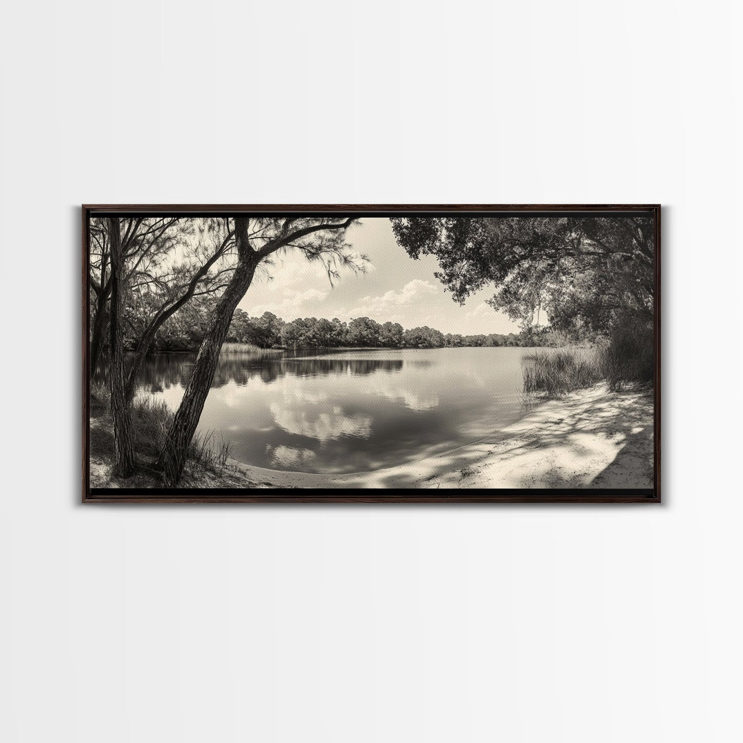 Tranquil Lake View, Peaceful Reflection Water, Nature Shoreline Print, Canvas Print, Entryway Wall Art, Rustic Neutral Decor, Rustic Bedroom Print