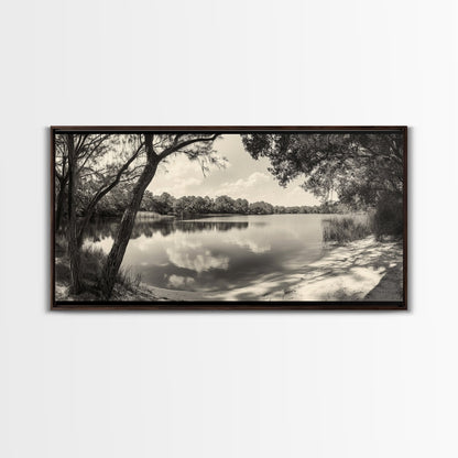 Tranquil Lake View, Peaceful Reflection Water, Nature Shoreline Print, Canvas Print, Entryway Wall Art, Rustic Neutral Decor, Rustic Bedroom Print