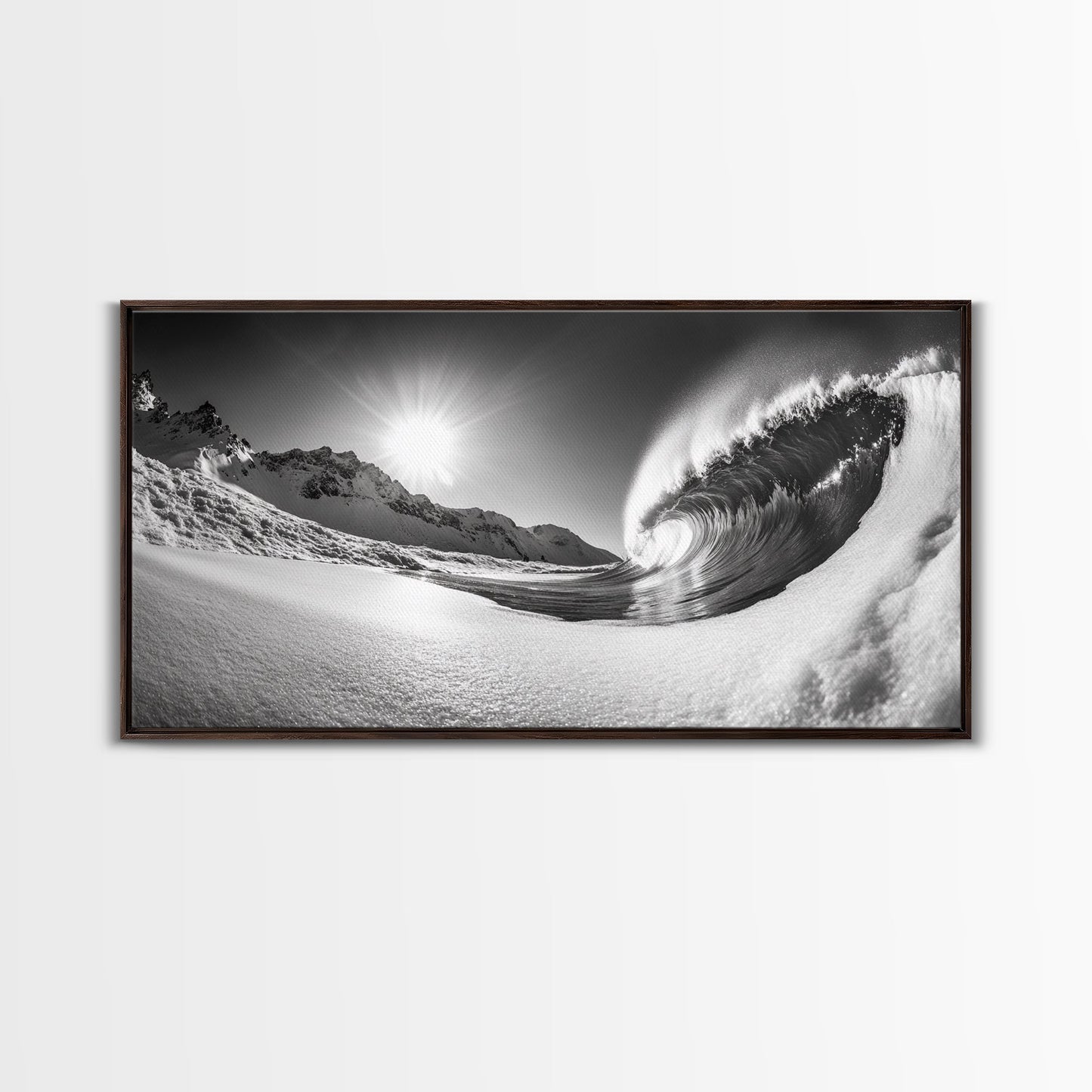 Arctic Wave Motion, Snowy Surf Curl, Mountain Sun Scene, Nature Energy Art, Canvas Print, Living Room Wall Art, Winter Adventure Decor