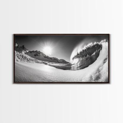 Arctic Wave Motion, Snowy Surf Curl, Mountain Sun Scene, Nature Energy Art, Canvas Print, Living Room Wall Art, Winter Adventure Decor