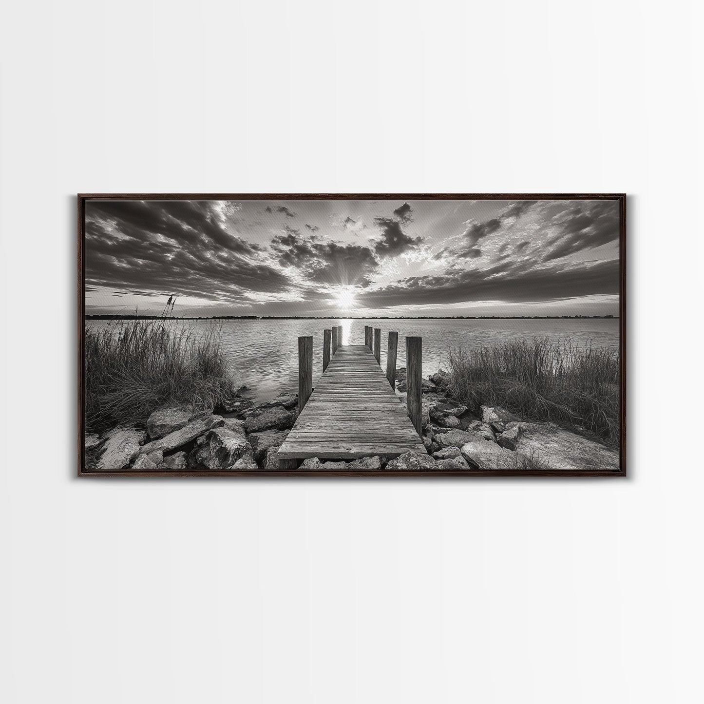Rustic Dock Sunset, Lakehouse Art, Black White Landscape, Framed Canvas Print, Country Home Decor, Cabin Wall Art, Lakeside Tranquility