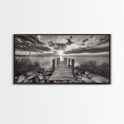 Rustic Dock Sunset, Lakehouse Art, Black White Landscape, Framed Canvas Print, Country Home Decor, Cabin Wall Art, Lakeside Tranquility