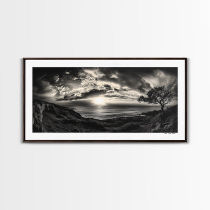 Dramatischer Sonnenuntergang über dem Meer, Küstenbaum, monochrome Landschaft, Leinwanddruck, Wandbild fürs Wohnzimmer, surreale Naturansicht, Meeresblick-Druck