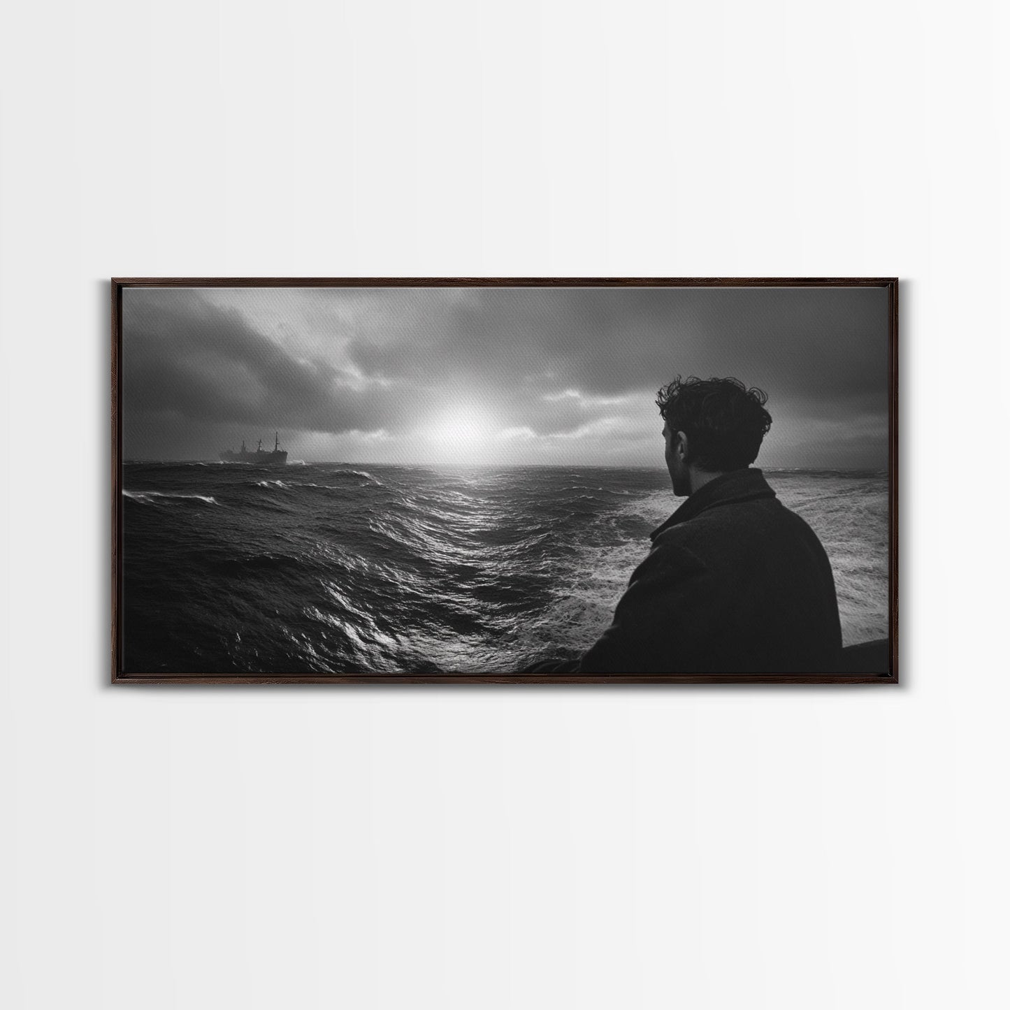 Mann beobachtet Meer, stürmischer Ozeanblick, emotionale Szene, Leinwanddruck, stimmungsvolle Küstendekoration, Wandbild fürs Büro, maritimer Monochrom-Stil