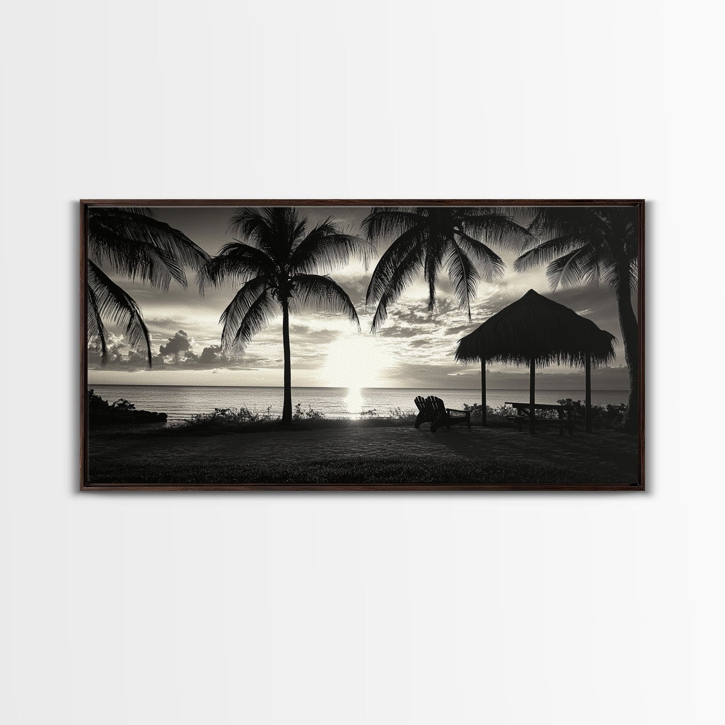 Palm Trees, Beach Sunset, Ocean View, Tiki Hut, Framed Canvas Print, tropical wall art, beach house decor, living room boho art