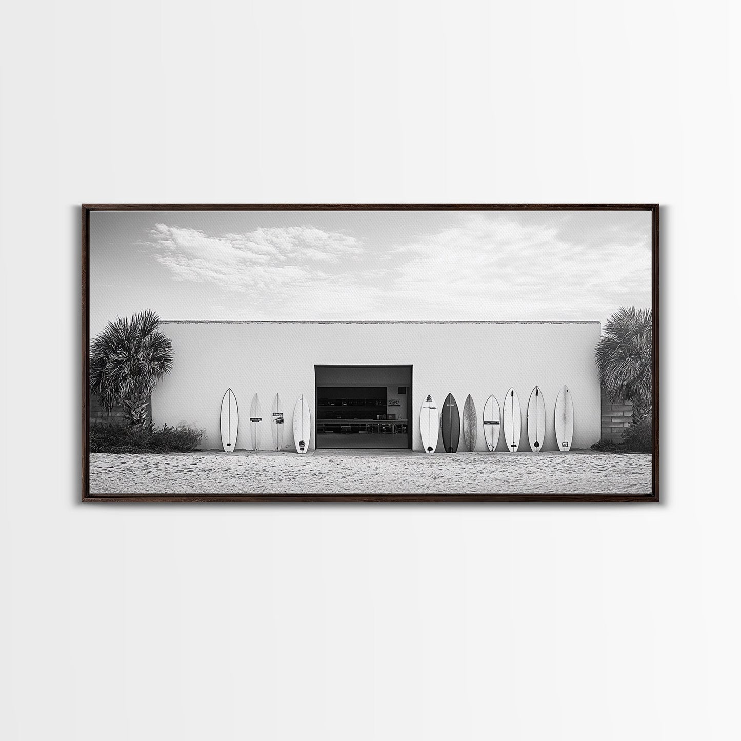 Surfboards, Beach Garage, Modern Coastal, Ocean Style, Framed Canvas Print, surf shack decor, teen room wall art, minimalist beach art