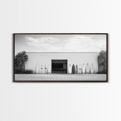 Surfboards, Beach Garage, Modern Coastal, Ocean Style, Framed Canvas Print, surf shack decor, teen room wall art, minimalist beach art