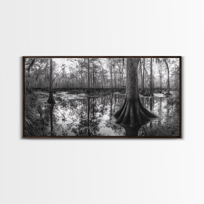 Sumpfbäume, Zypressenwasser, Naturspiegelungen, Marschlandschaft, gerahmter Leinwanddruck, rustikale Hüttendekoration, Wandbild für den Flur, Waldmotiv