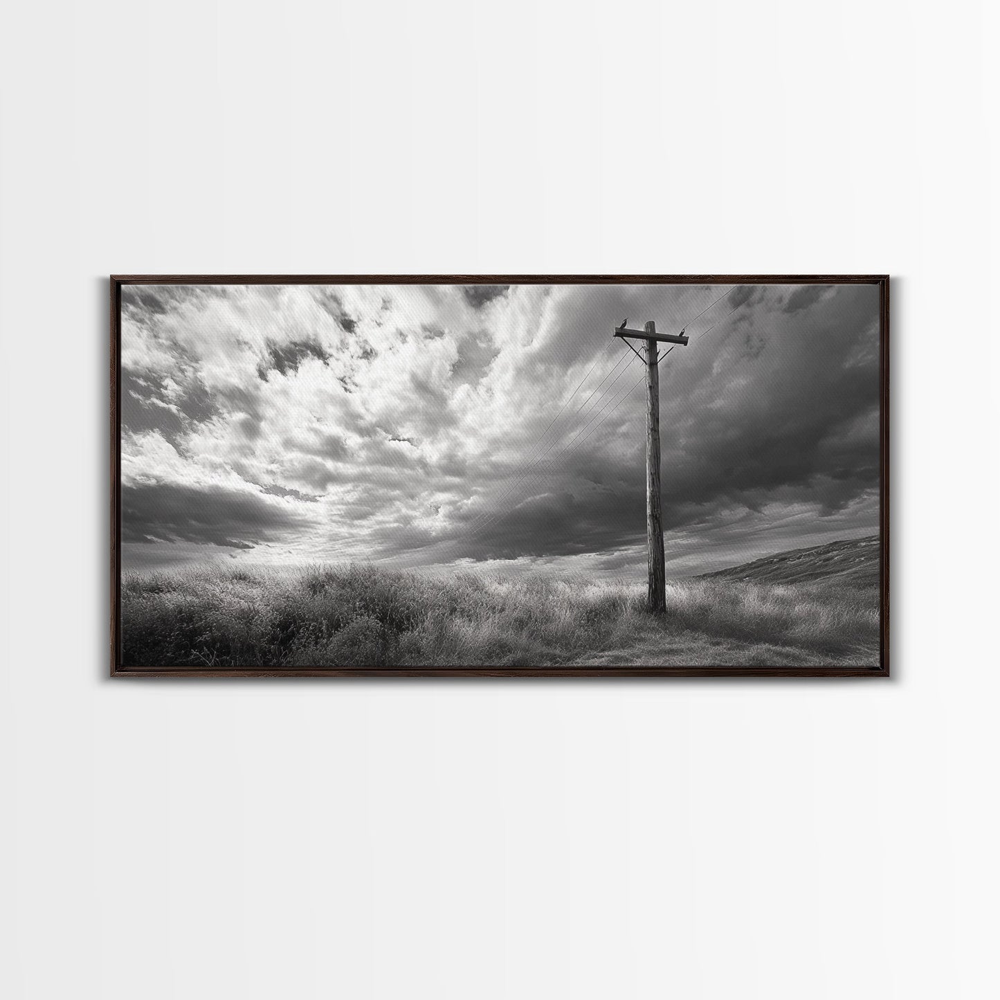 Strommast, ländliche Landschaft, stürmischer Himmel, ländliche Ruhe, gerahmter Leinwanddruck, Wandbild für den Eingangsbereich eines Bauernhauses, rustikaler Schwarz-Weiß-Druck