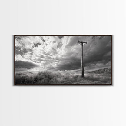 Strommast, ländliche Landschaft, stürmischer Himmel, ländliche Ruhe, gerahmter Leinwanddruck, Wandbild für den Eingangsbereich eines Bauernhauses, rustikaler Schwarz-Weiß-Druck