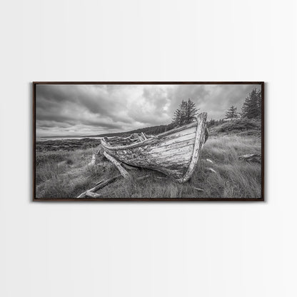 Abandoned Boat, Weathered Vessel, Coastal Forest, Framed Canvas Print, Farmhouse Wall Art, Rustic Cabin Decor, Autumn Vibe, Living Room Art