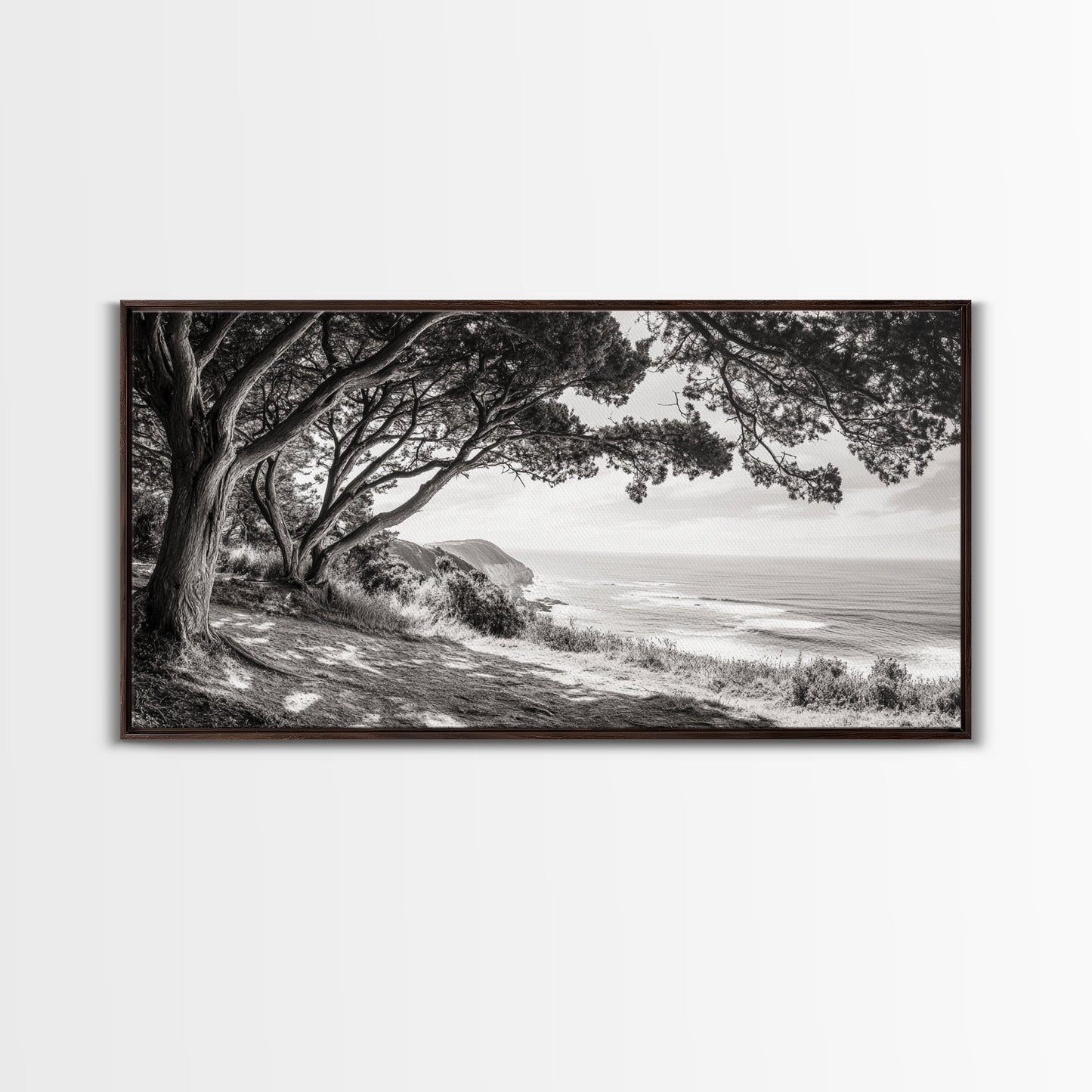 Ocean View, Coastal Trees, Cliffside Vista, Light and Shadows, Framed Canvas Print, landscape wall art, modern beach decor, boho living room