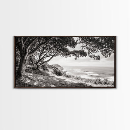 Ocean View, Coastal Trees, Cliffside Vista, Light and Shadows, Framed Canvas Print, landscape wall art, modern beach decor, boho living room