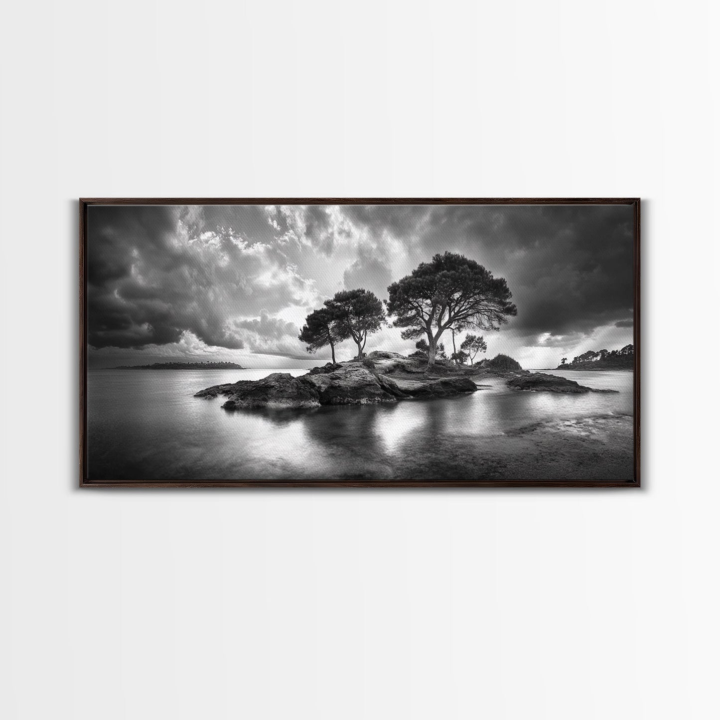 Island Pines, Rocky Shoreline, Peaceful Water, Stormy Sky, Framed Canvas Print, coastal art, rustic nature wall art, neutral living room decor