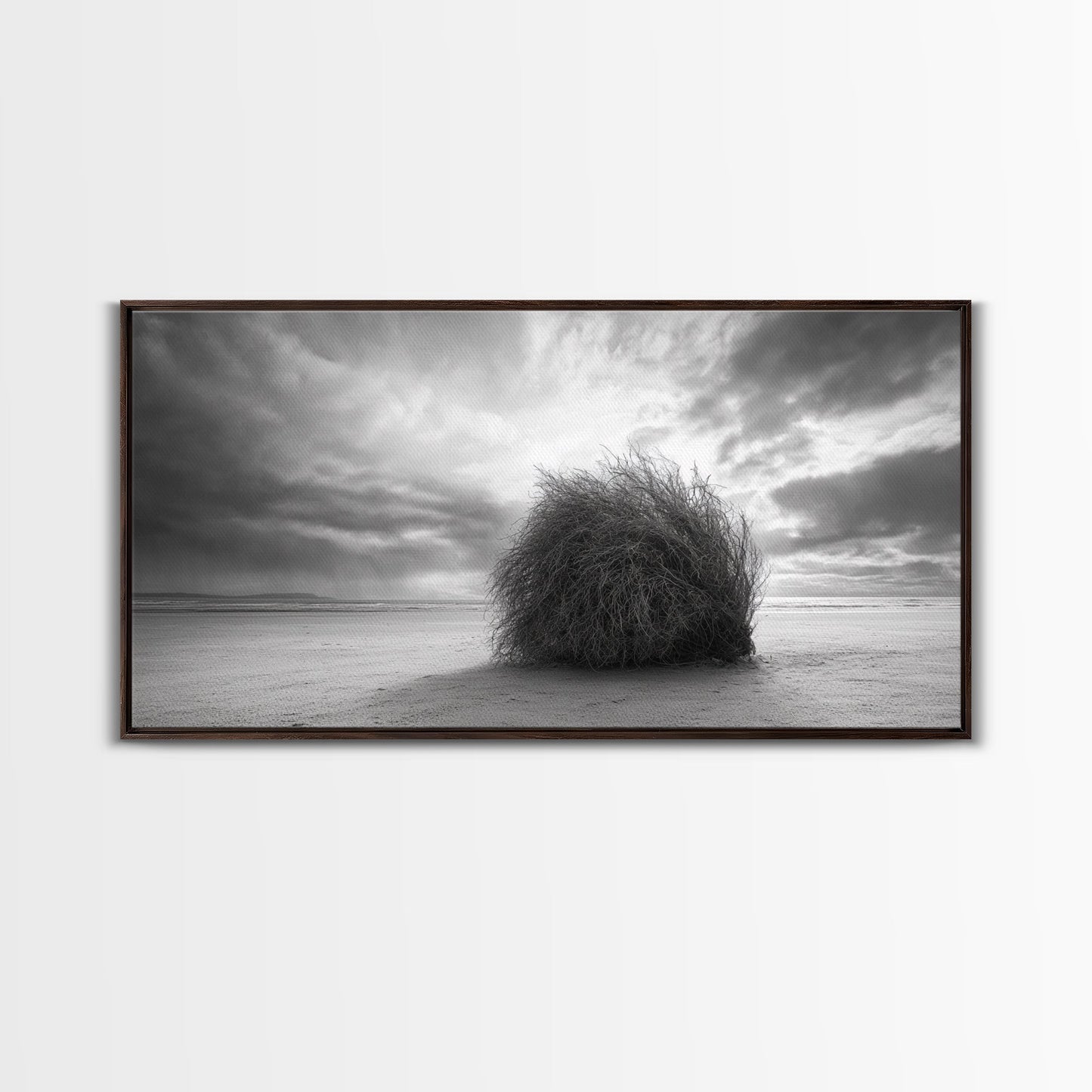 Tumbleweed, Desert Beach, Moody Sky, Solitary Calm, Framed Canvas Print, minimalist desert wall art, western Fall decor, neutral tones
