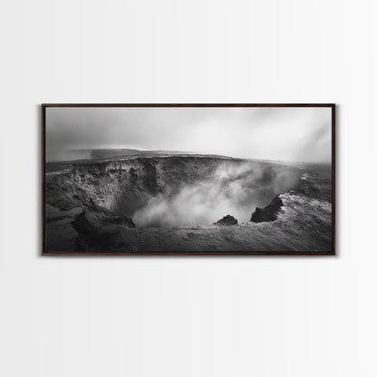 Vulkankrater, rauchige Erde, epische Landschaft, gerahmter Leinwanddruck, ausdrucksstarke Naturkunst, Dekoration fürs Arbeitszimmer, stimmungsvolle Schwarzweißfotografie