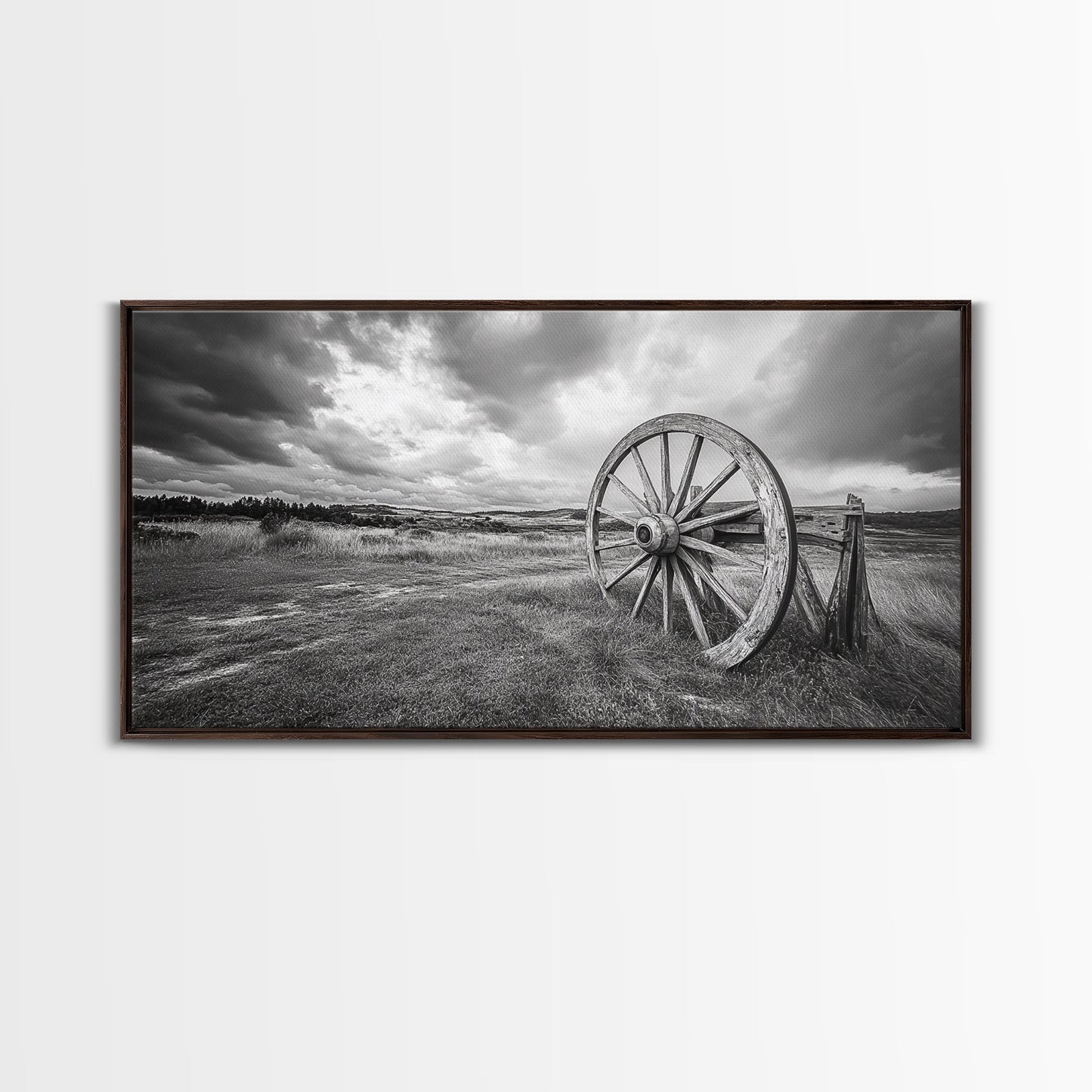 Prairie Wagon Wheel, Western Landscape, Rustic Field, Canvas Print, Country Farmhouse Wall Art, Fall Rustic Decor, Black And White Art