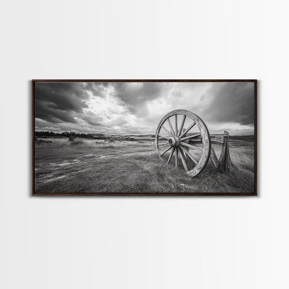 Prairie Wagon Wheel, Western Landscape, Rustic Field, Canvas Print, Country Farmhouse Wall Art, Fall Rustic Decor, Black And White Art