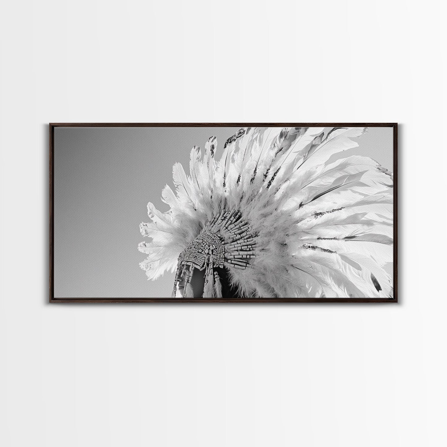 Kopfschmuck der Ureinwohner, Federkrone, Kulturelle Hommage, Leinwanddruck, Boho-Ethno-Dekor, Wandbild fürs Schlafzimmer, Monochromer indigener Stil