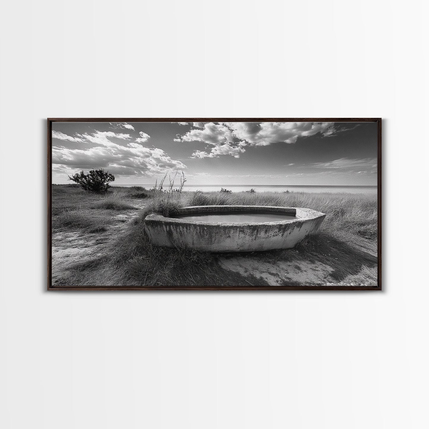 Concrete Trough, Coastal Horizon, Grassy Shoreline, Canvas Print, Rustic Farmhouse Bathroom Art, Minimalist Nature, Fall Beach Wall Decor