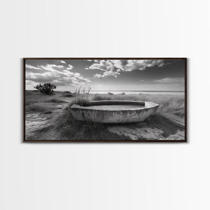 Concrete Trough, Coastal Horizon, Grassy Shoreline, Canvas Print, Rustic Farmhouse Bathroom Art, Minimalist Nature, Fall Beach Wall Decor