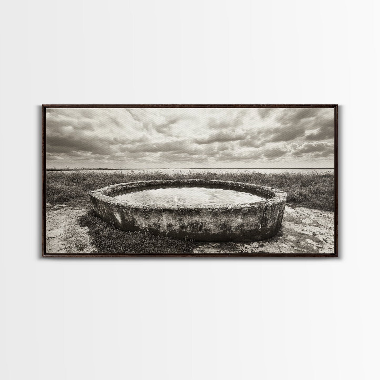 Water Trough, Overcast Skies, Ocean Breeze, Framed Canvas Print, Country Rustic Wall Art, Sepia Toned Fall Decor, Entryway Or Den Art