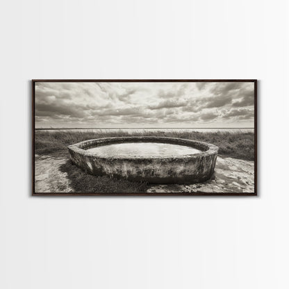 Water Trough, Overcast Skies, Ocean Breeze, Framed Canvas Print, Country Rustic Wall Art, Sepia Toned Fall Decor, Entryway Or Den Art