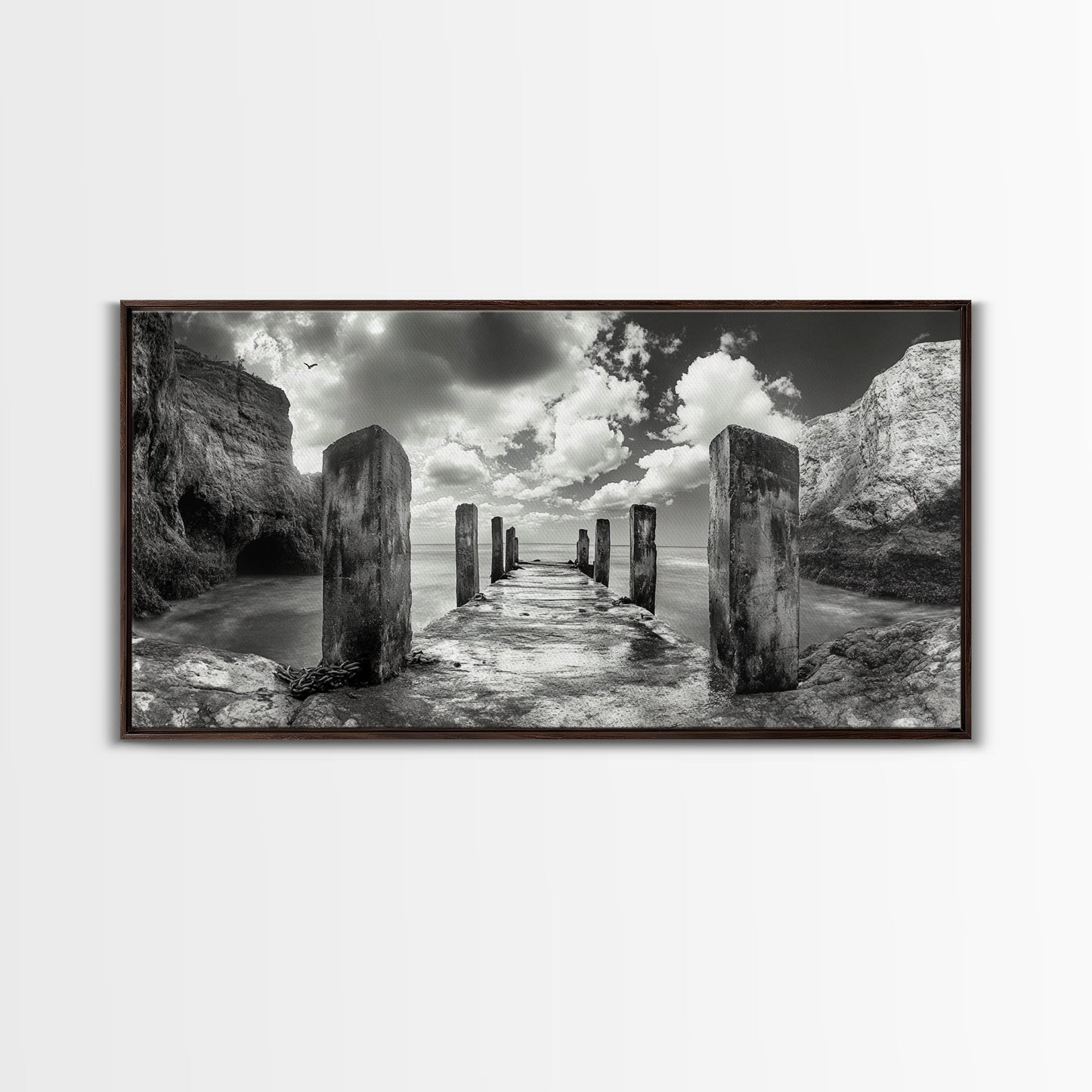 Ocean Pier, Seaside Dock, Crashing Waves, Canvas Print, Dramatic Coastal Wall Art, Black And White Decor, Bathroom Or Hallway Photography